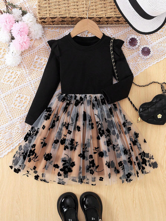 Vestido Negro Con Falda De Tul Bordado Para Niña