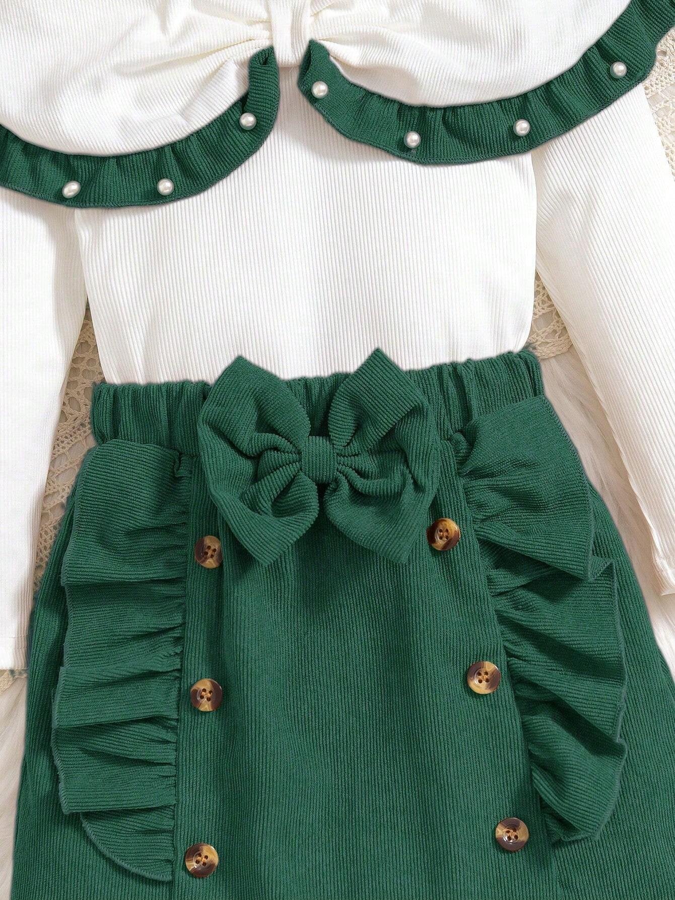 Conjunto con Blusa y Falda Verde con Volantes Para Niña