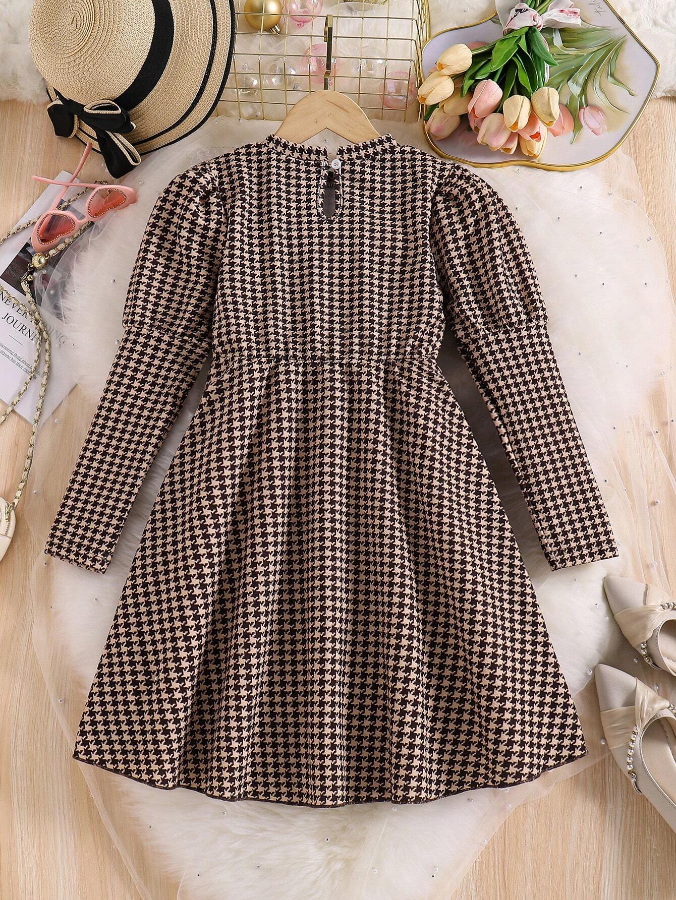 Vestido Café Con Estampado Pata De Gallo Para Niña