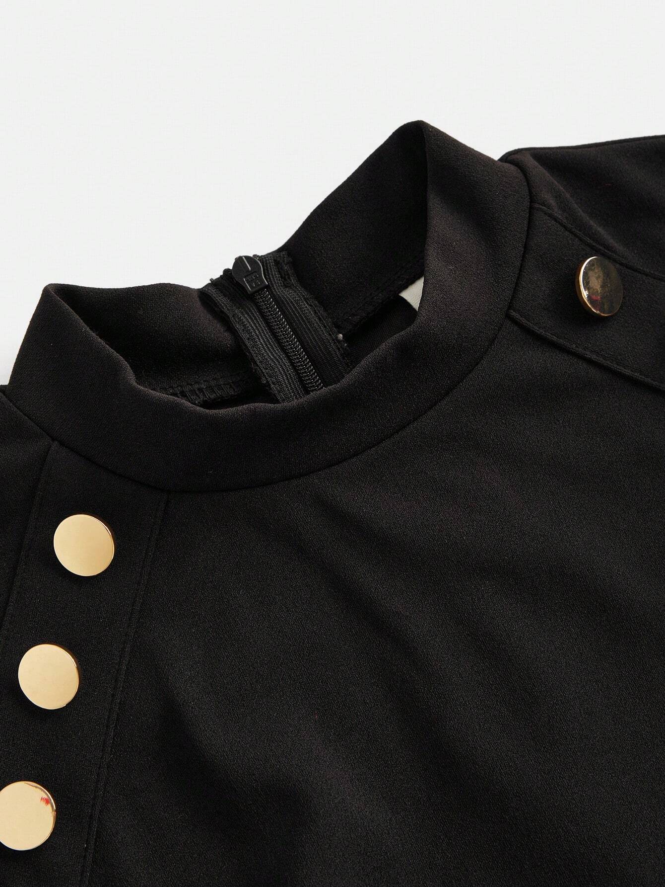 Vestido Negro Con Mangas De Gasa Y Botones Dorados Para Niña