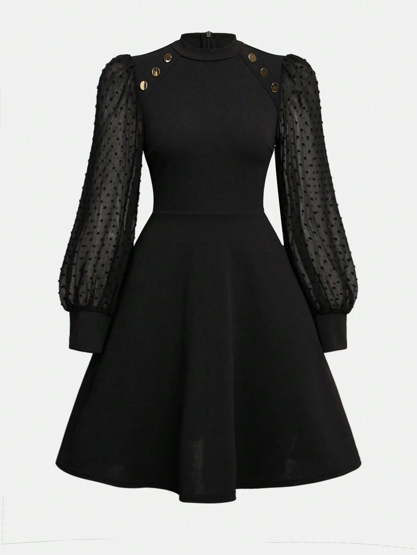 Vestido Negro Con Mangas De Gasa Y Botones Dorados Para Niña