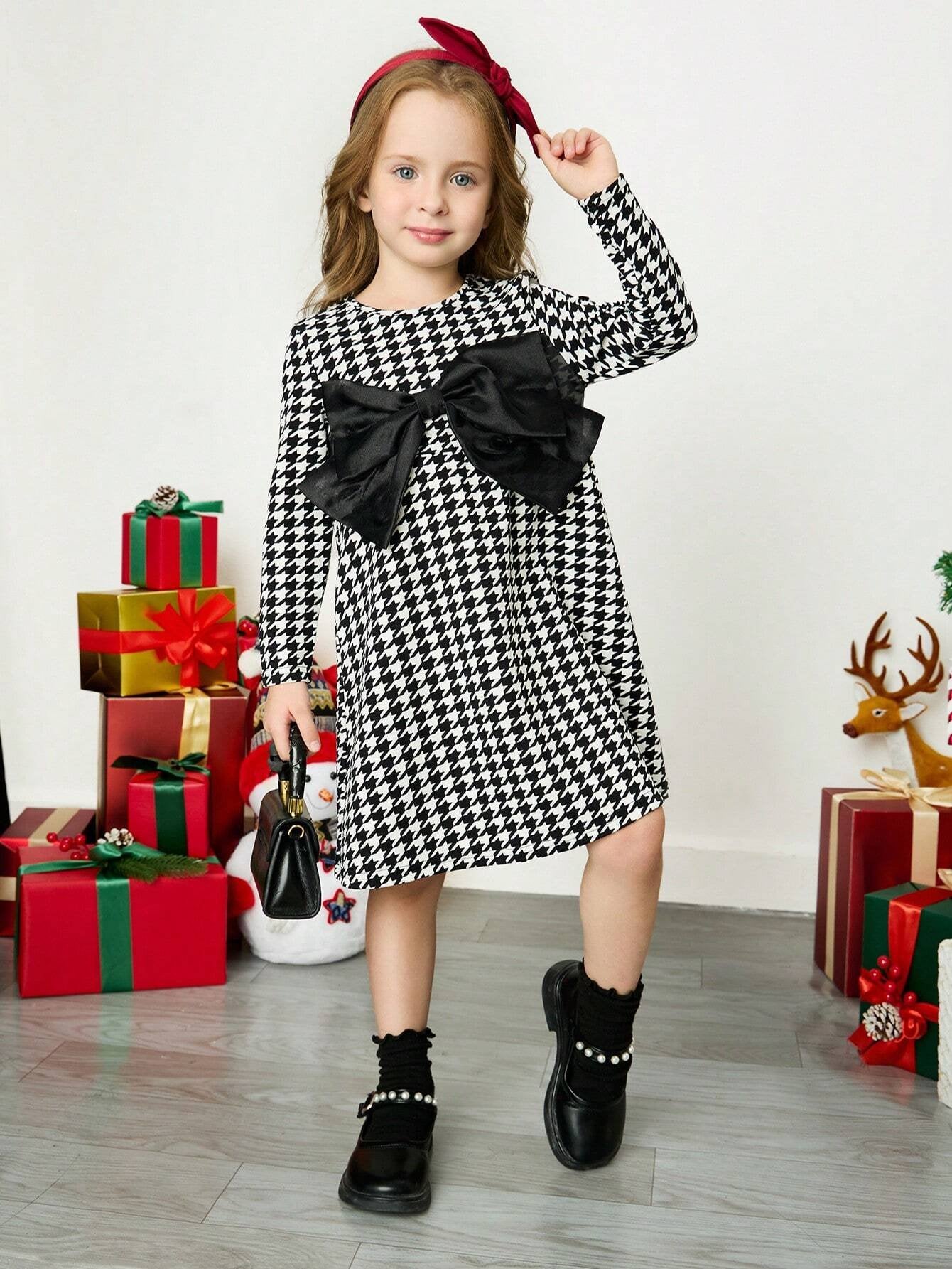 Vestido Blanco Y Negro Con Moño Elegante Para Niña