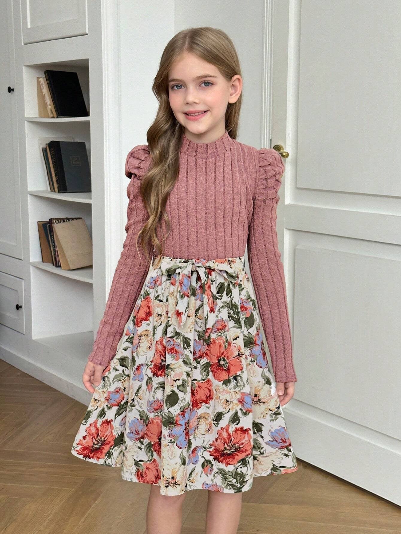 Vestido Rosa Con Manga Larga Y Falda Floral Para Niña
