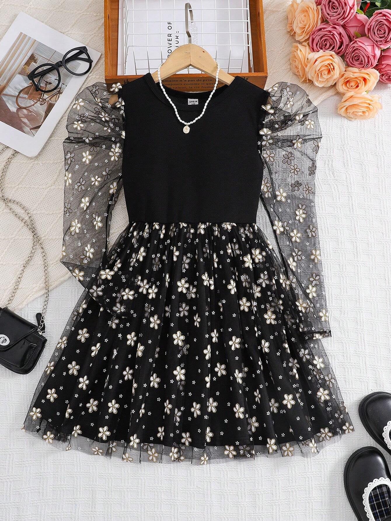 Vestido Negro Con Mangas Transparentes Bordadas Para Niña