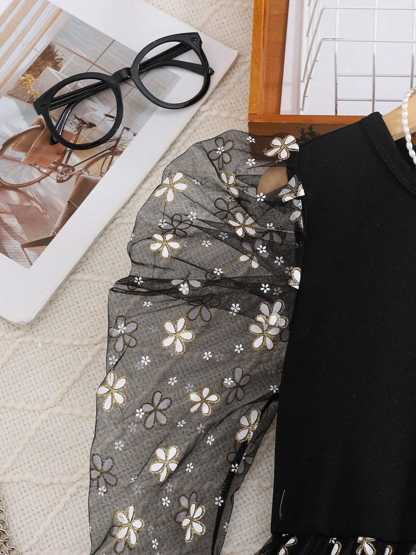 Vestido Negro Con Mangas Transparentes Bordadas Para Niña