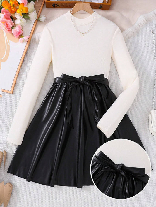 Vestido Elegante Blanco Y Negro Con Lazo Para Niña