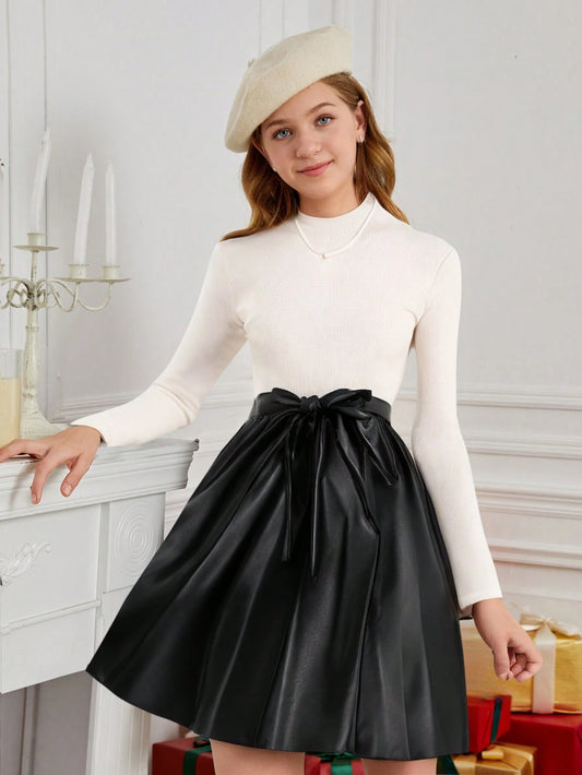 Vestido Elegante Blanco Y Negro Con Lazo Para Niña