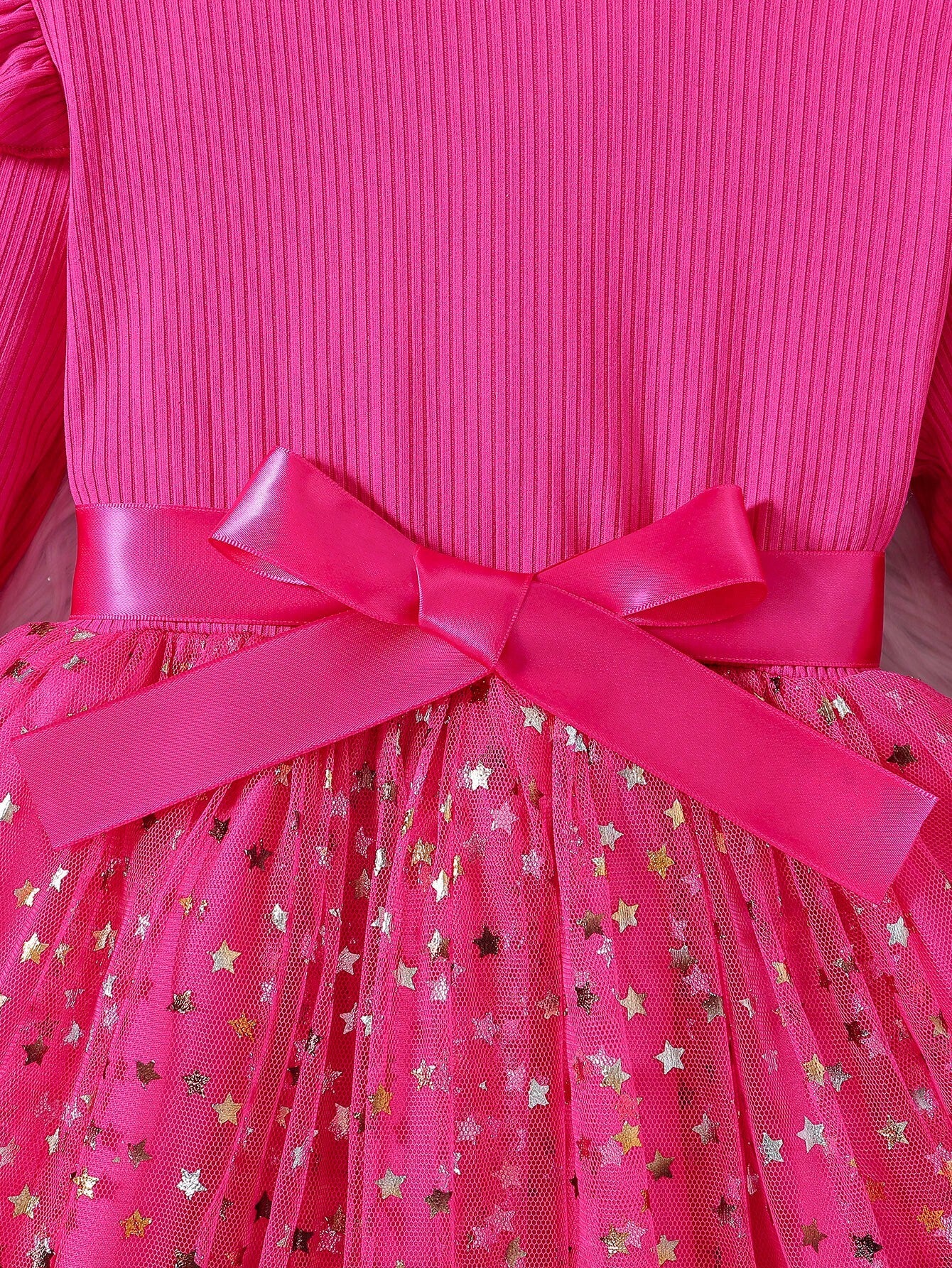 Vestido Rosa Fucsia Con Estrellas Y Moño Para Niña