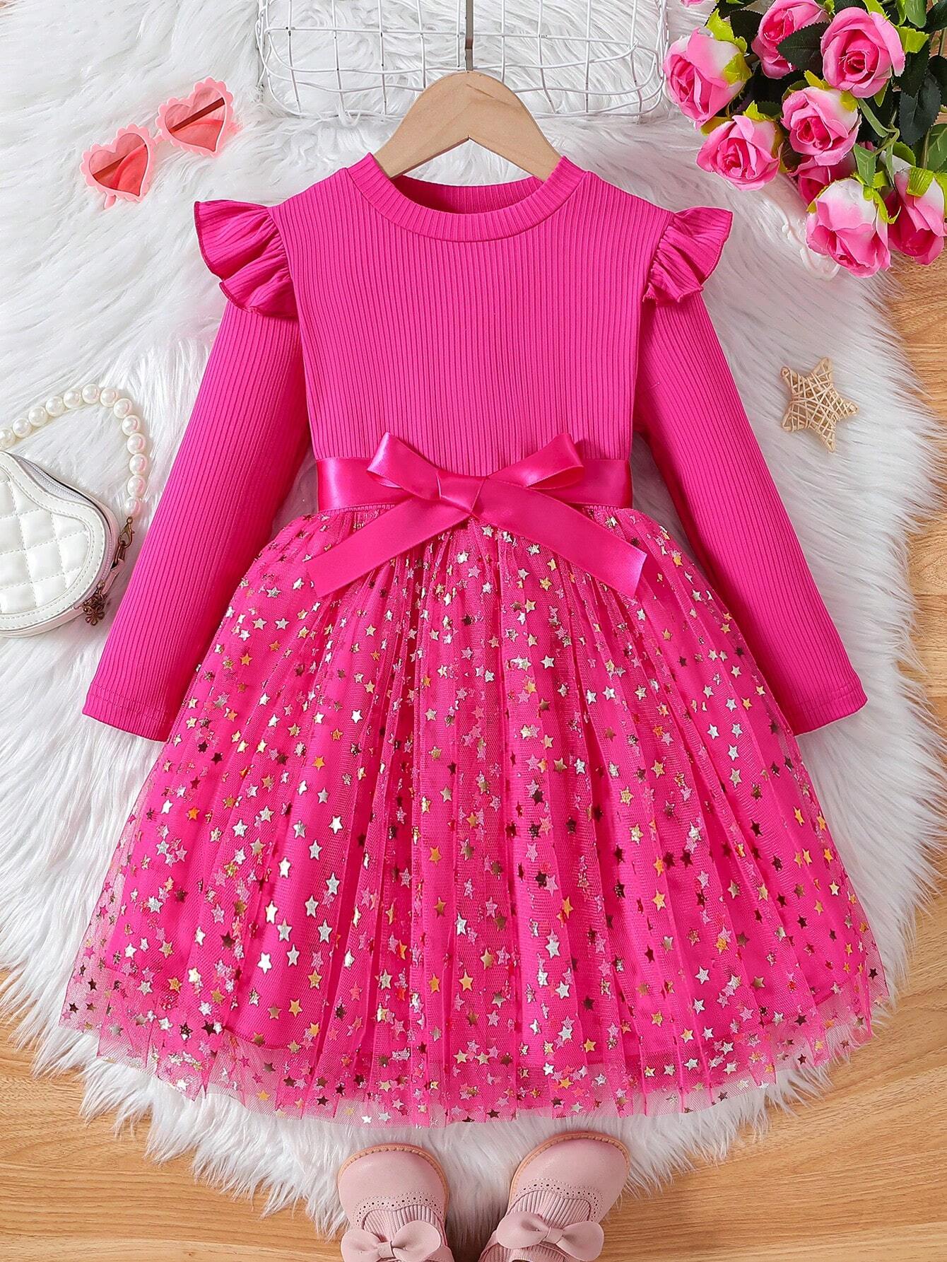 Vestido Rosa Fucsia Con Estrellas Y Moño Para Niña