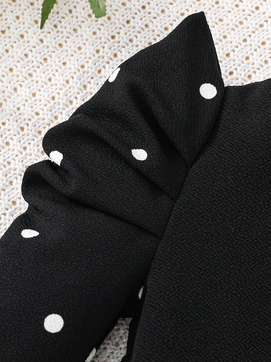 Vestido Negro Elegante Para Niña Con Mangas Largas Con Lunares