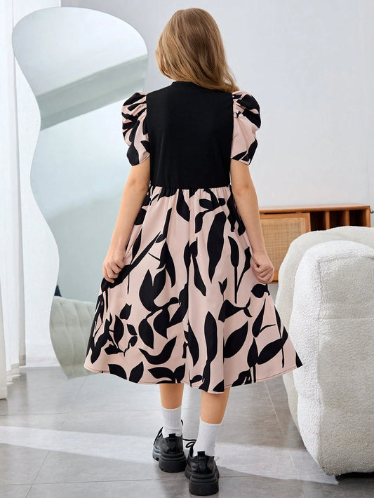 Vestido Elegante Negro Con Estampado De Hojas Para Niña