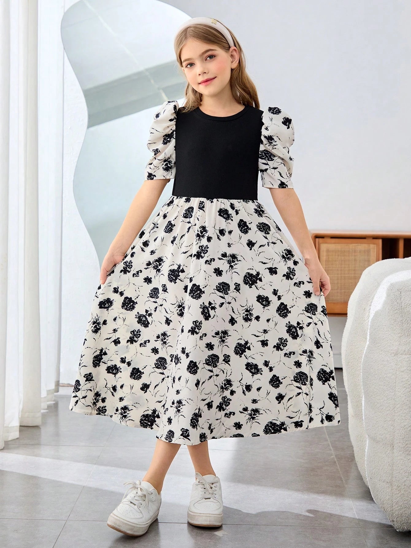 Vestido Elegante Negro Con Flores Para Niña