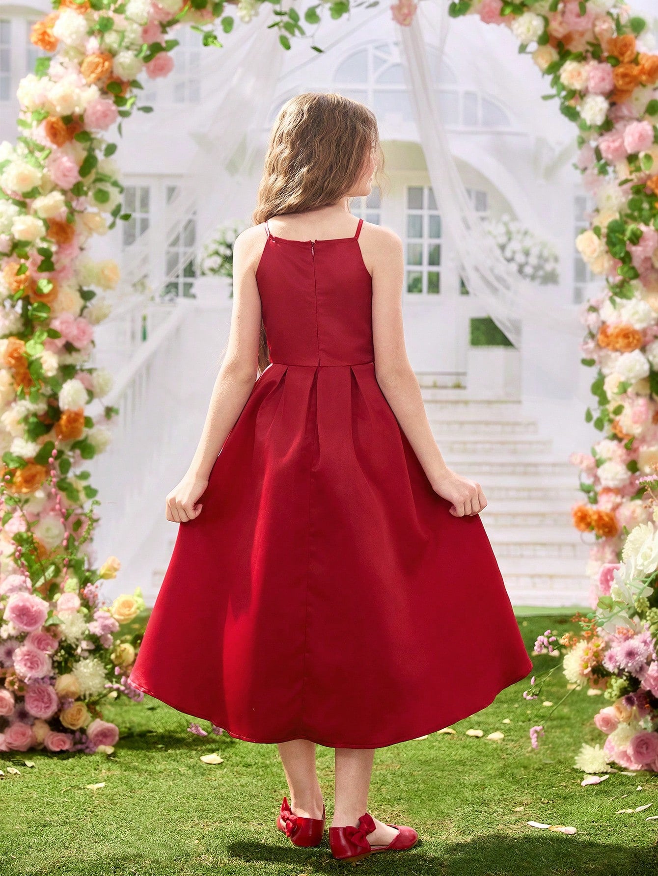 Vestido Rojo Elegante Sin Mangas Corte A Línea Para Niña