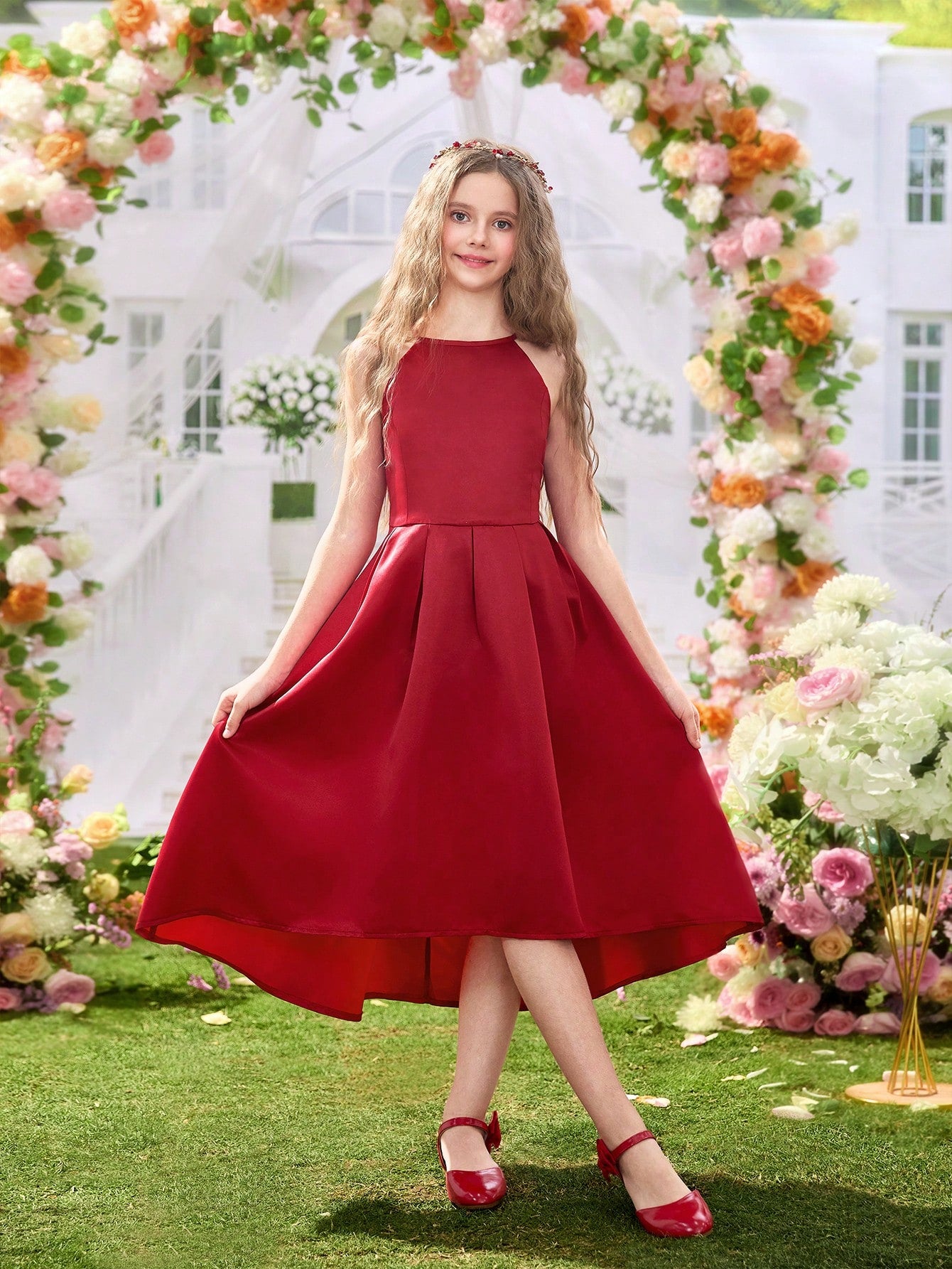 Vestido Rojo Elegante Sin Mangas Corte A Línea Para Niña