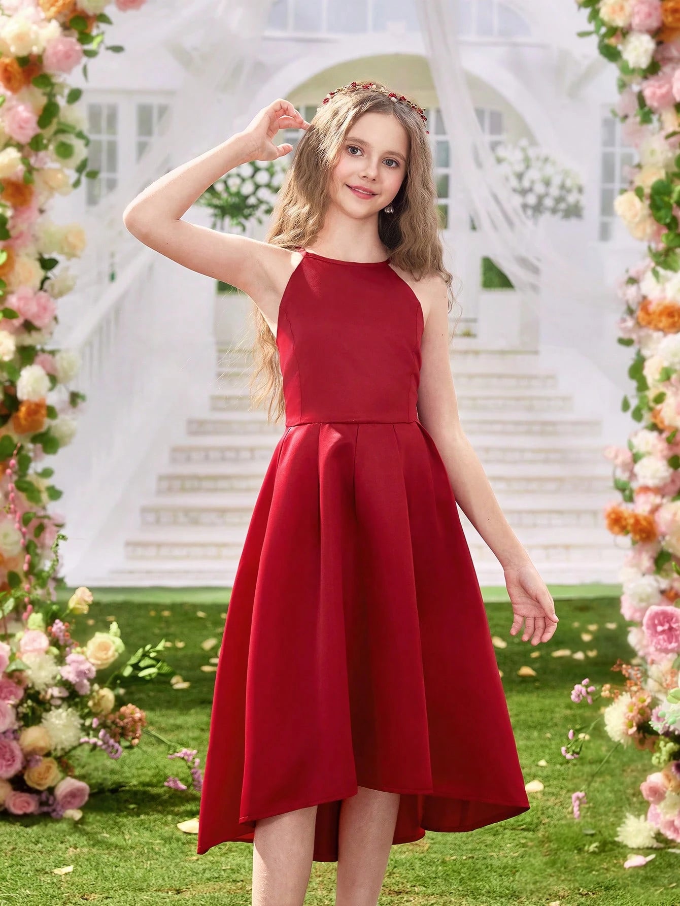 Vestido Rojo Elegante Sin Mangas Corte A Línea Para Niña