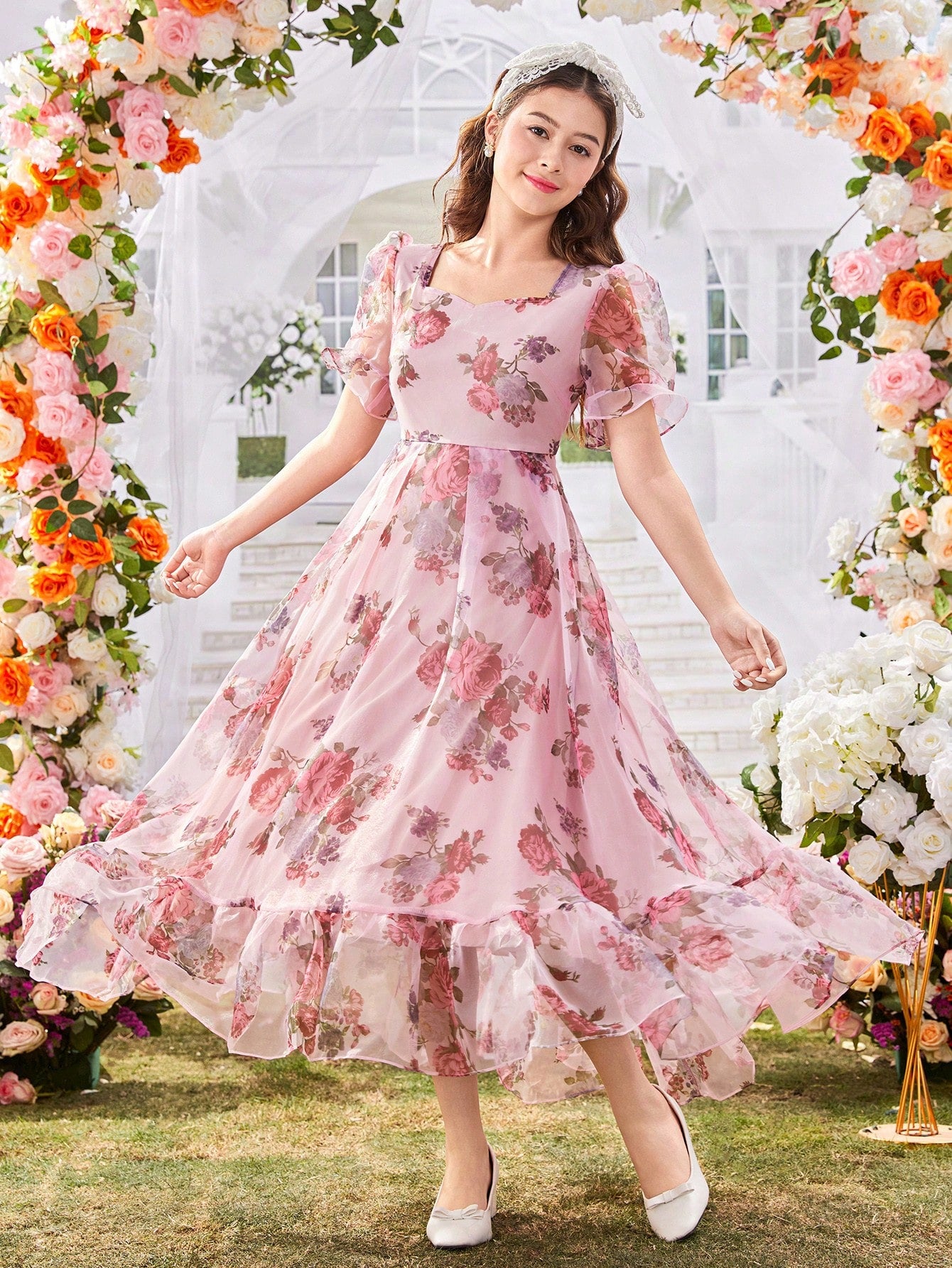 Vestido Largo Floral Elegante De Gasa Para Niña