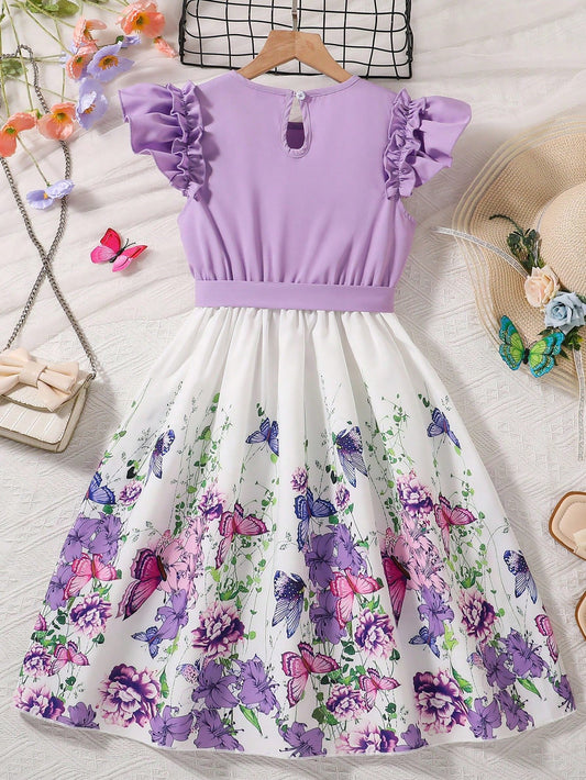 Vestido Lila Con Volantes Y Falda Floral Para Niña