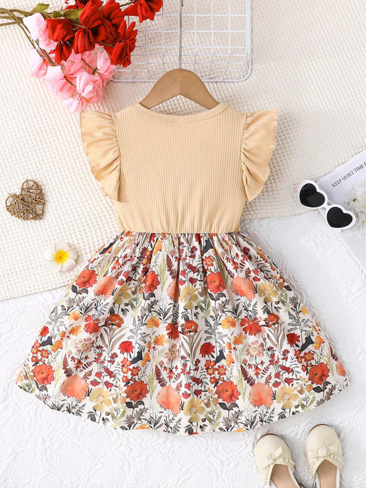 Vestido Beige Con Volantes Y Falda Floral Para Niña