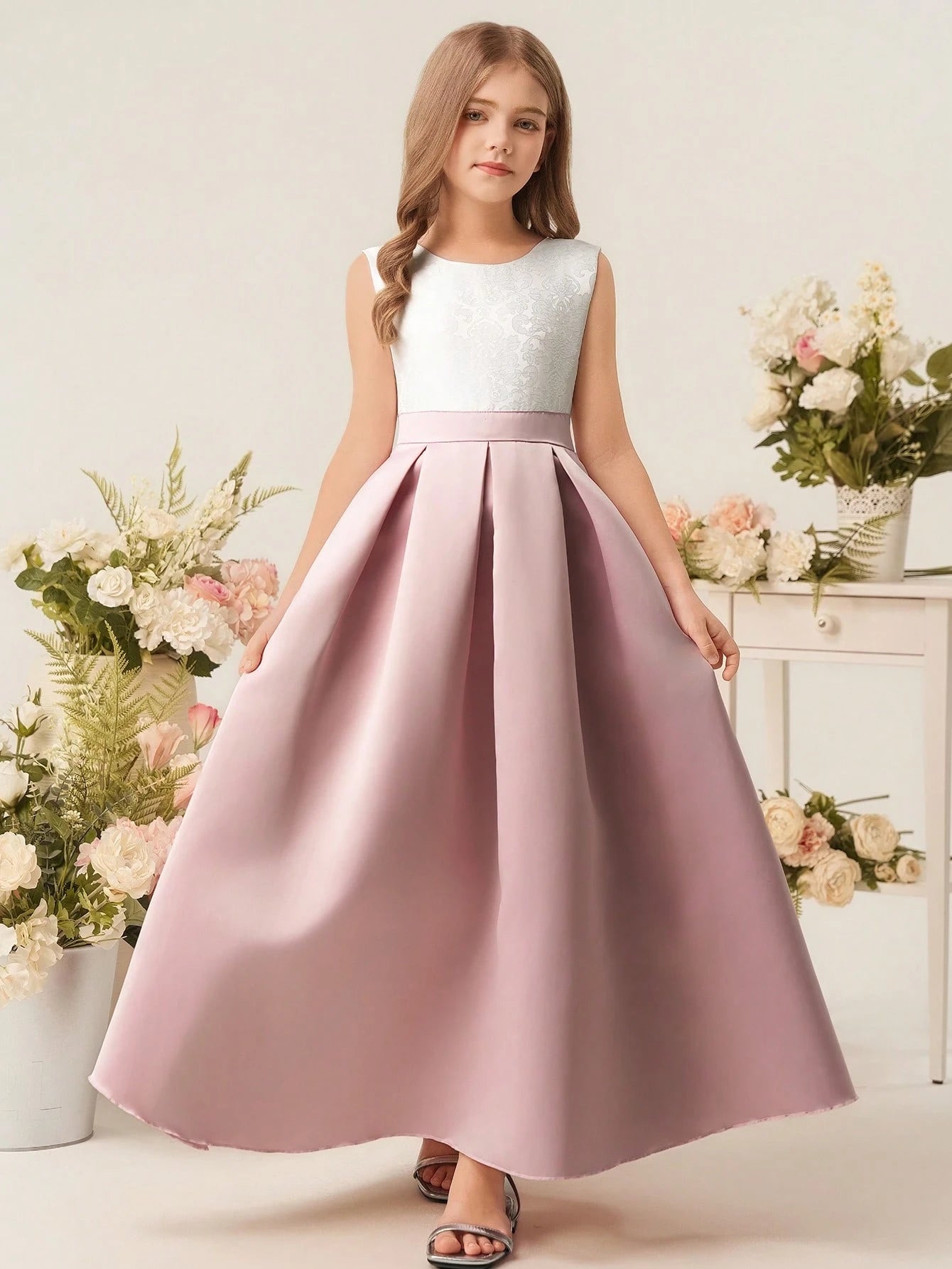 Vestido Largo Rosa Con Encaje Y Lentejuelas Para Niña