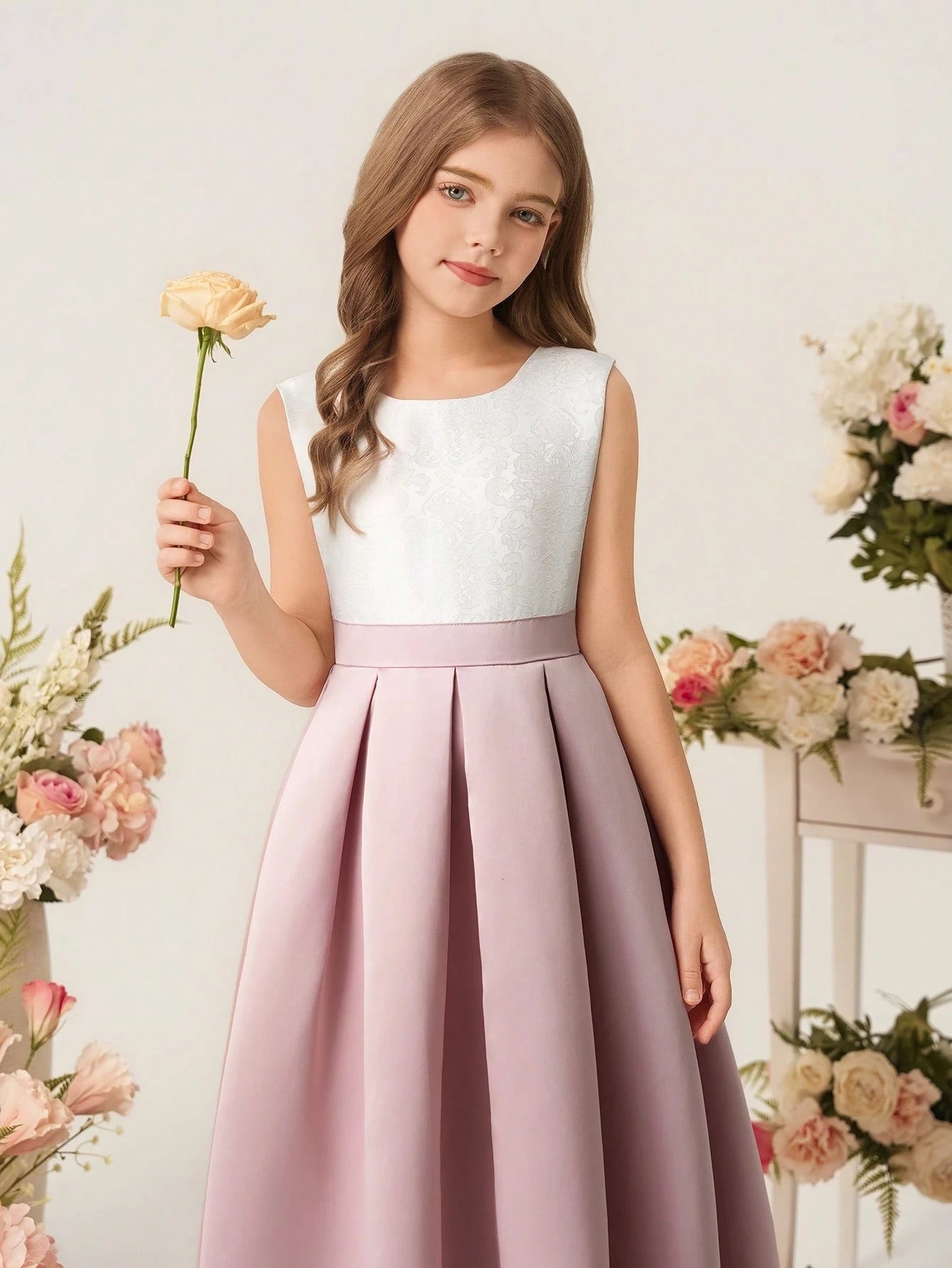Vestido Largo Rosa Con Encaje Y Lentejuelas Para Niña