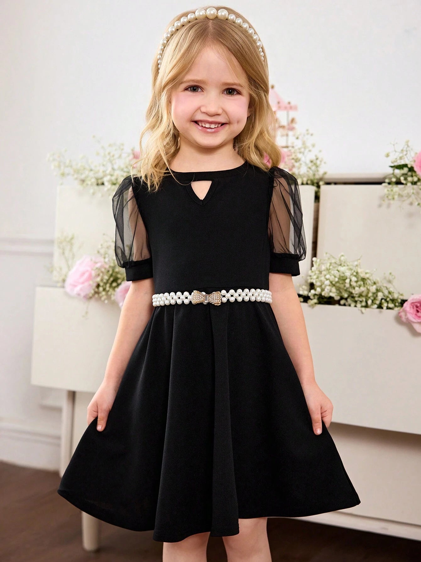 Vestido Negro Elegante Para Niña Con Manga Farol