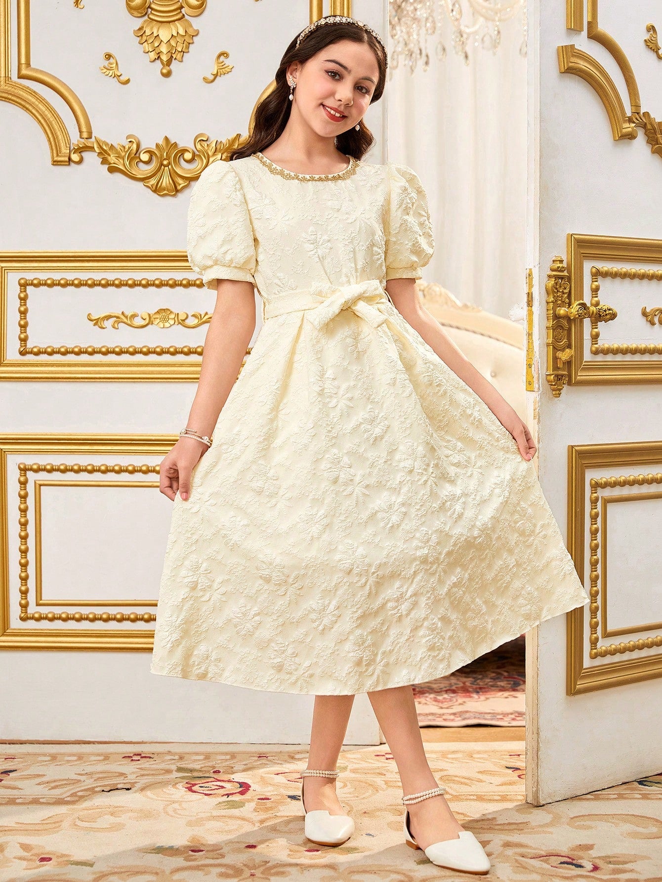 Vestido Albaricoque Midi Con Encaje Y Manga Farol Para Niña