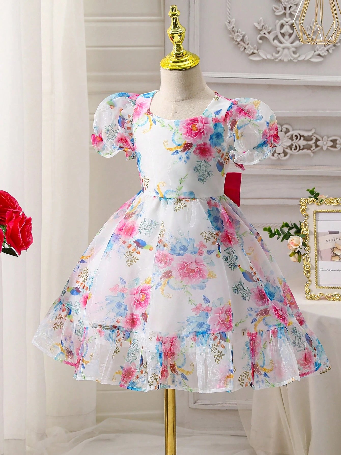 Vestido De Gasa Con Estampado Floral Para Niña