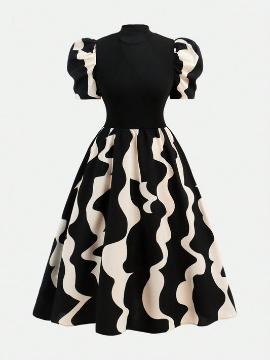 Vestido Elegante Con Manga Farol Y Estampado Para Niña