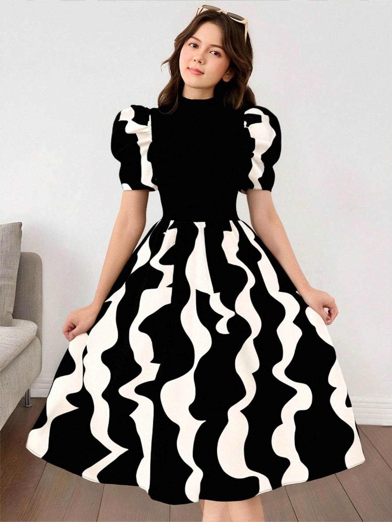 Vestido Elegante Con Manga Farol Y Estampado Para Niña