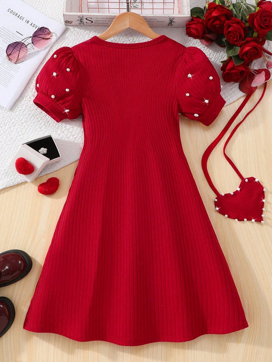 Vestido Rojo Acanalado Con Perlas Para Niña Con Bolso