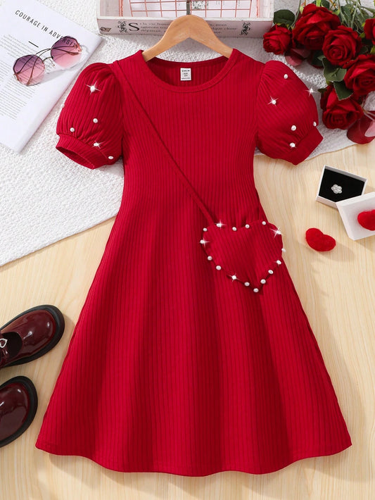 Vestido Rojo Acanalado Con Perlas Para Niña Con Bolso