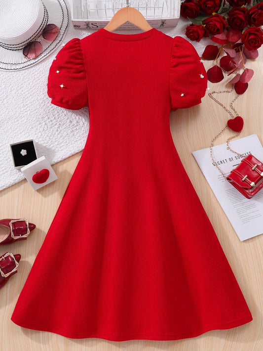 Vestido Rojo Con Perlas Y Manga Farol Para Niña