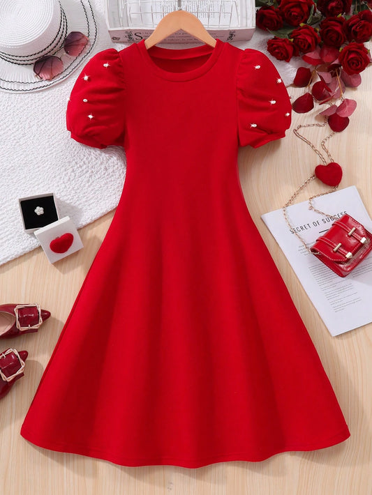 Vestido Rojo Con Perlas Y Manga Farol Para Niña