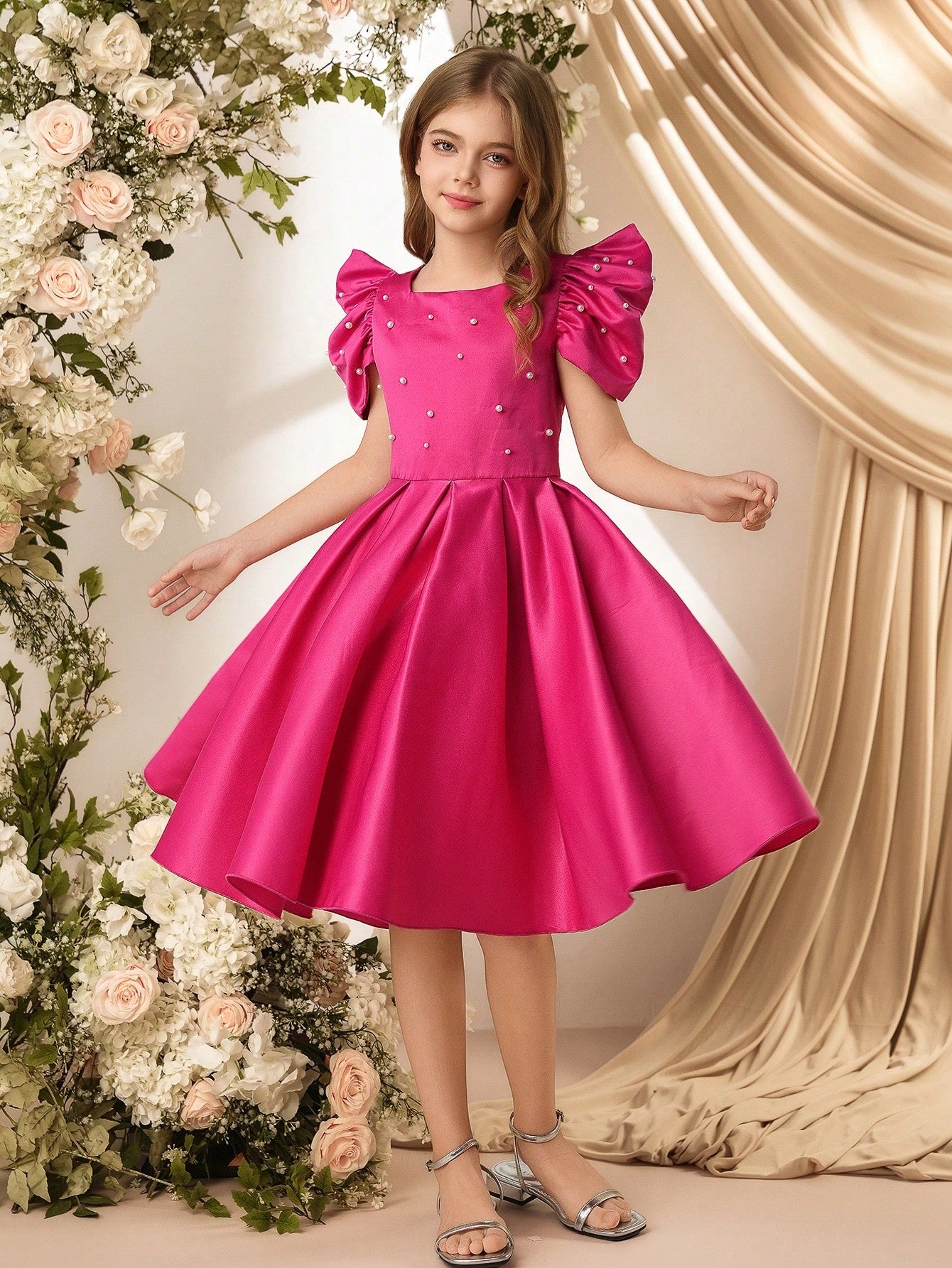 Vestido Rosa Fucsia Elegante Con Perlas Para Niña