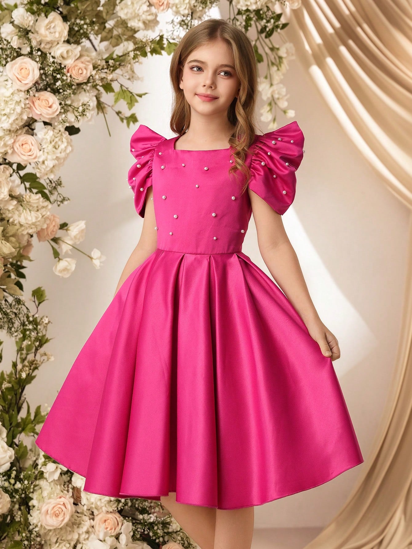 Vestido Rosa Fucsia Elegante Con Perlas Para Niña