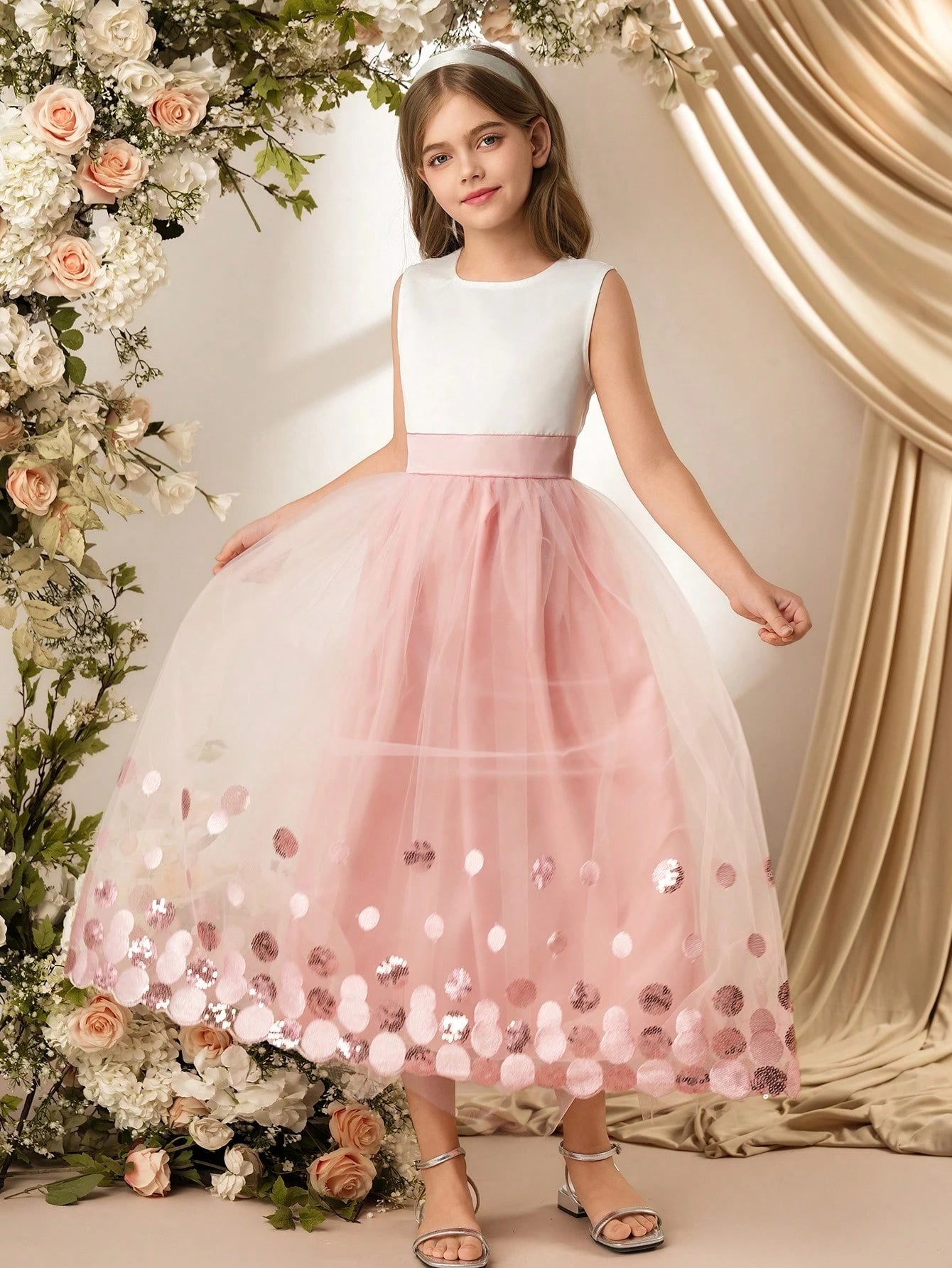 Vestido Largo Rosa Con Falda De Gasa Para Niña