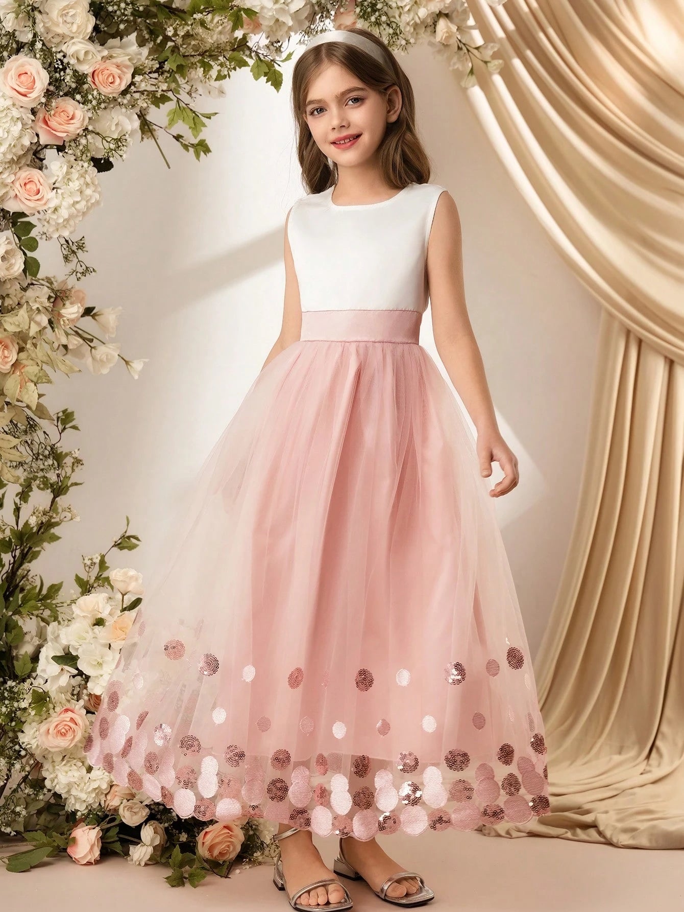 Vestido Largo Rosa Con Falda De Gasa Para Niña