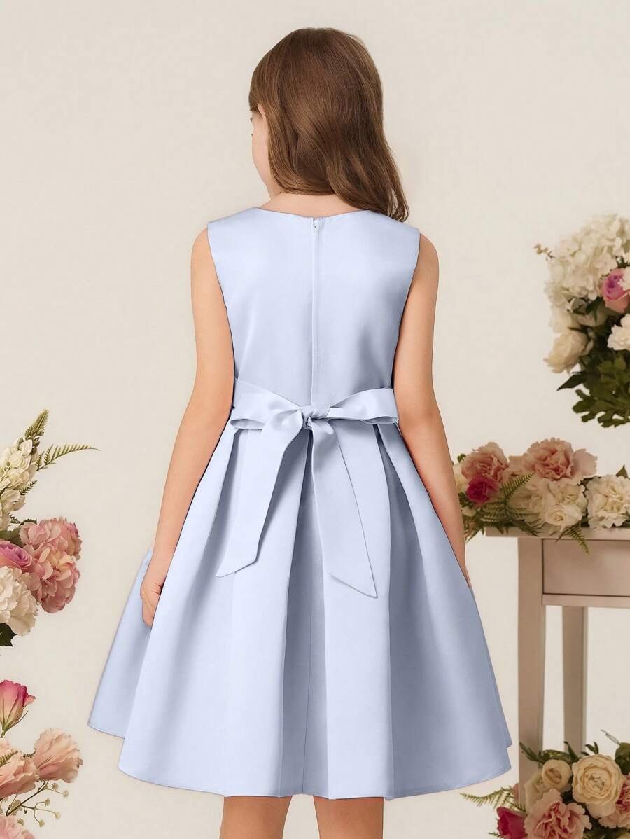 Vestido Elegante Azul Para Niña Con Lazo Delantero