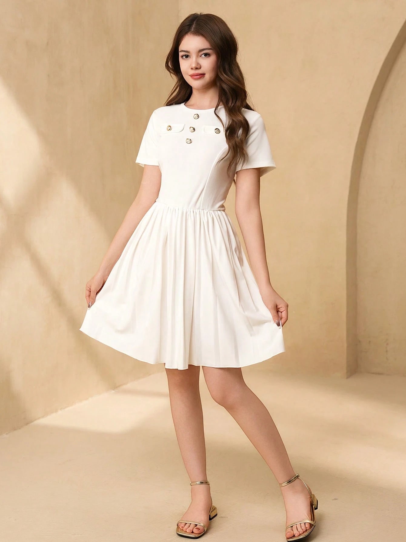 Vestido Blanco Elegante Con Botones Para Niña
