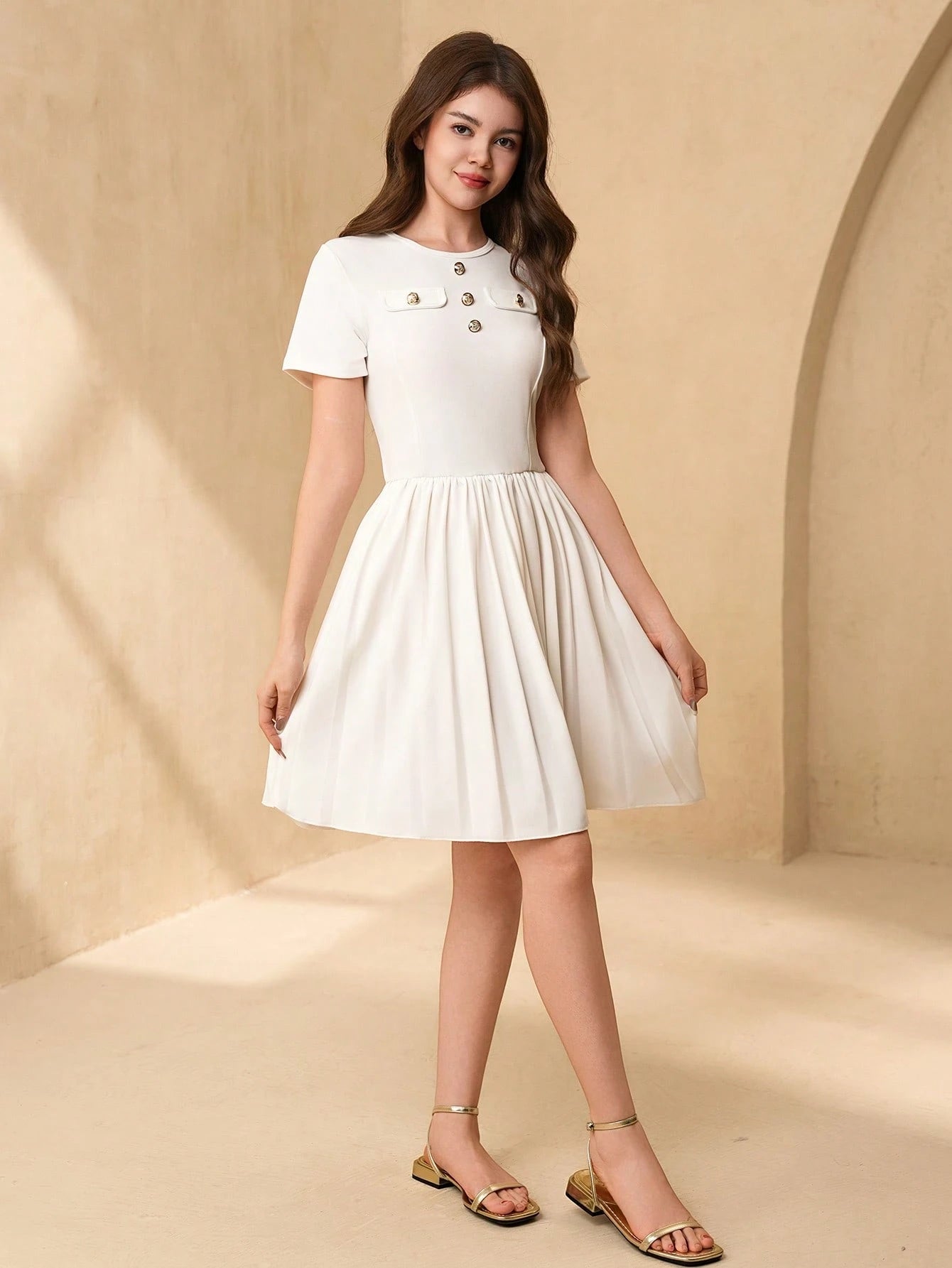 Vestido Blanco Elegante Con Botones Para Niña