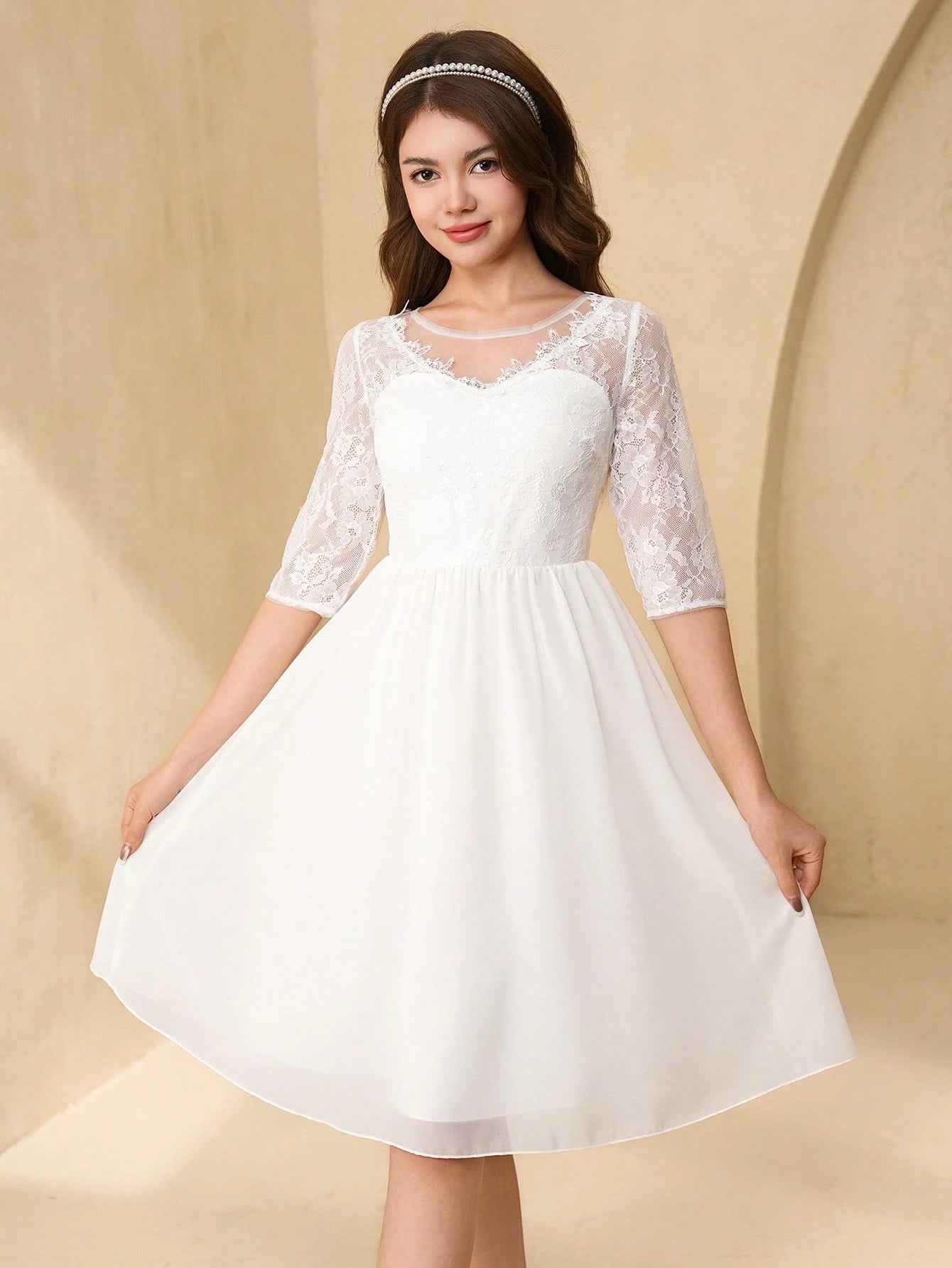 Vestido Blanco Elegante Con Encaje Para Niña