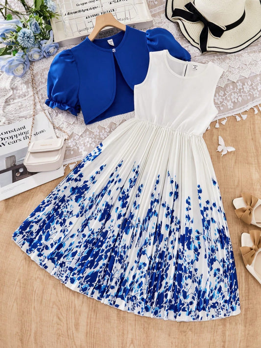 Vestido con estampado floral y volantes con manga abullonada + Cárdigan elegante