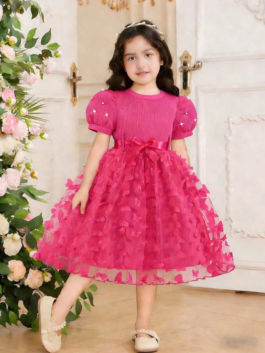 Glamorique Kids Vestido de verano elegante para niñas con cuello redondo, mangas con pétalos de perla
