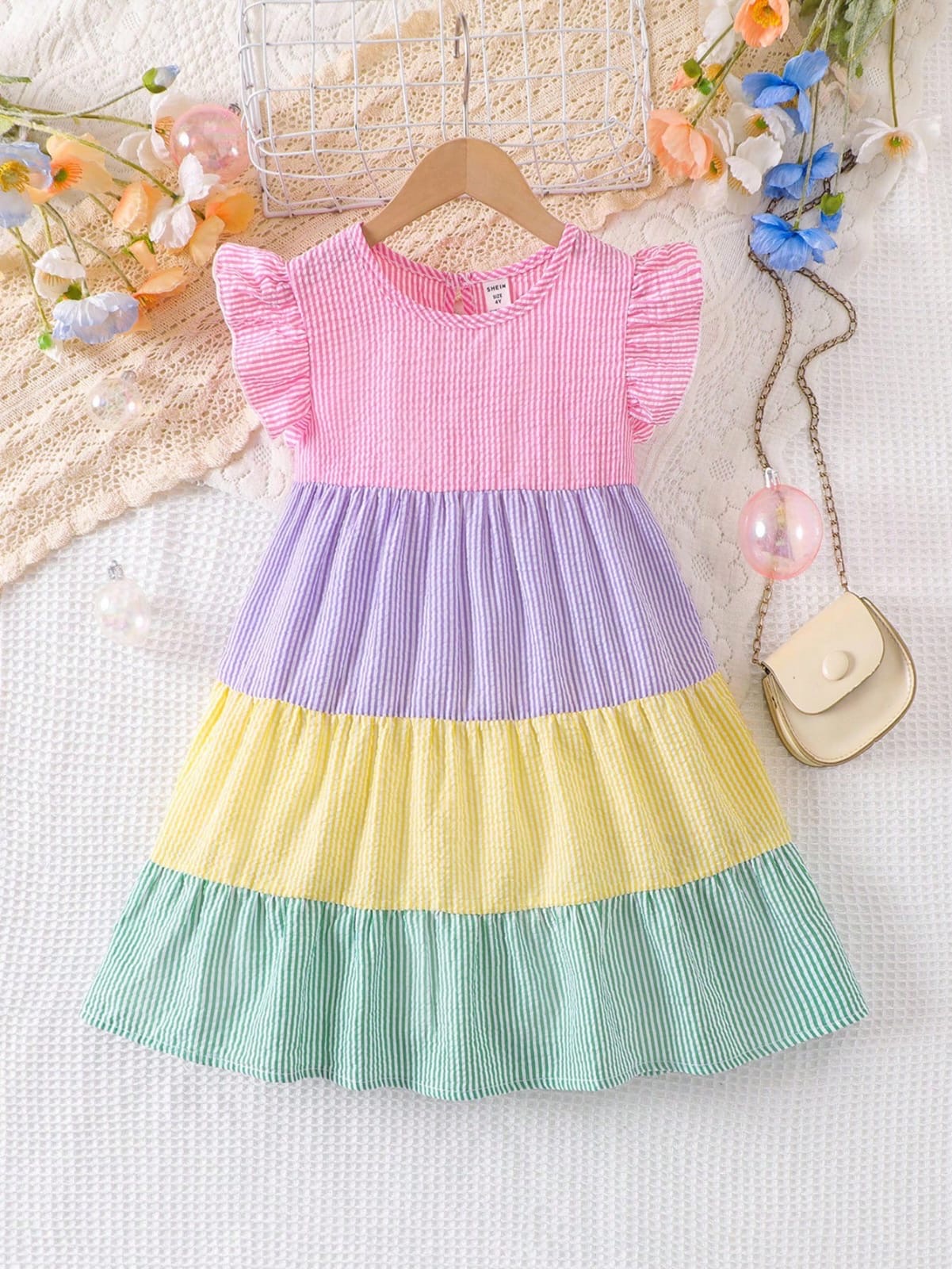 Vestido casual de manga corta y cuello redondo con bloques de color y rayas para niña, verano
