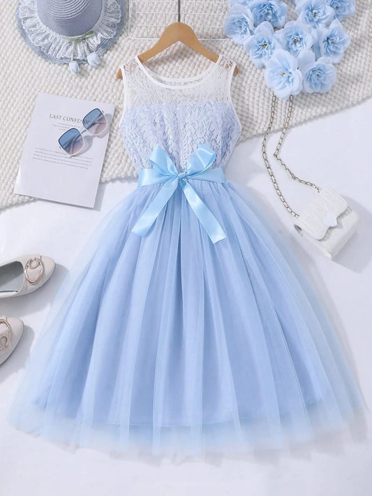 Vestido elegante sin mangas con lazo en la cintura para niñas preadolescentes