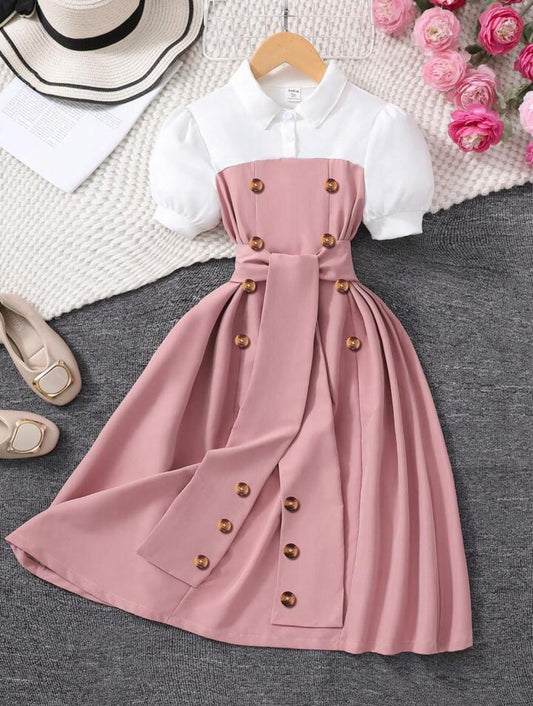 Vestido de manga corta con contraste de color, cuello solapa, doble botonadura, manga de pétalo y cinturón ancho, estilo universitario vintage