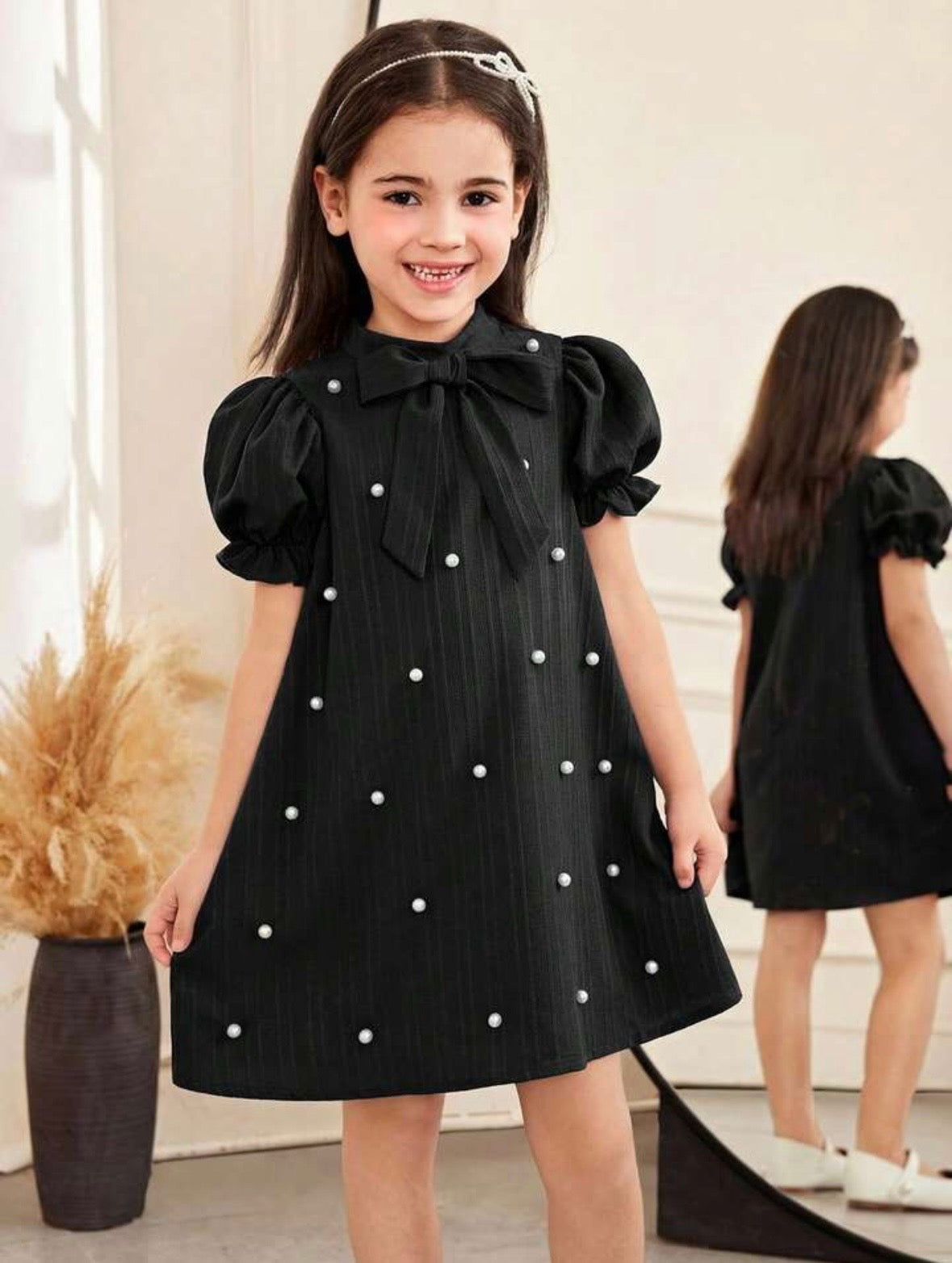 Vestido sólido de textura tejida con mangas abullonadas, ajustado y elegante con cuentas y decoración de lazo grande