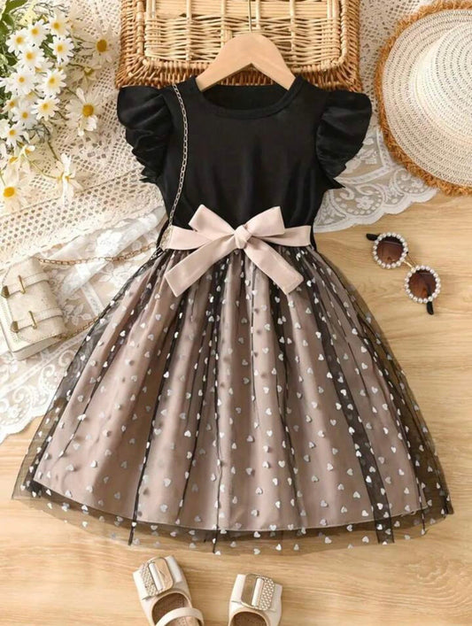 Vestido de verano casual y elegante para niñas, vestido de princesa con volantes en el bajo, forma de corazón, tul esponjoso y cinta para la cintura
