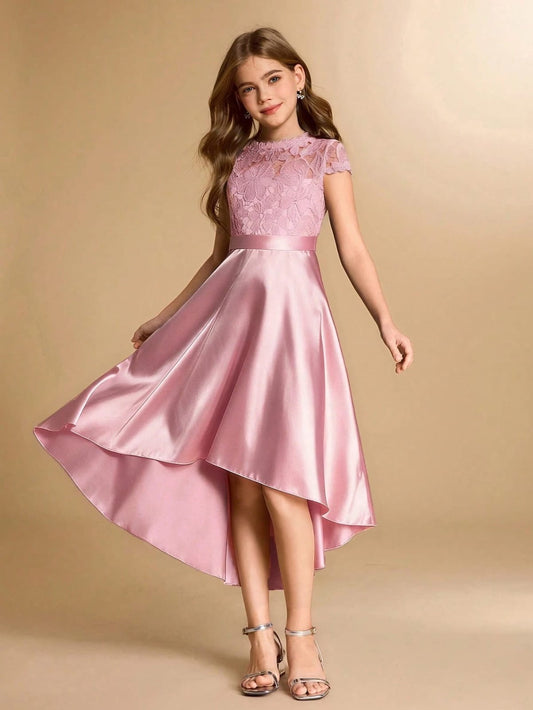 Vestido midi con dobladillo asimétrico de parches de encaje y satén
