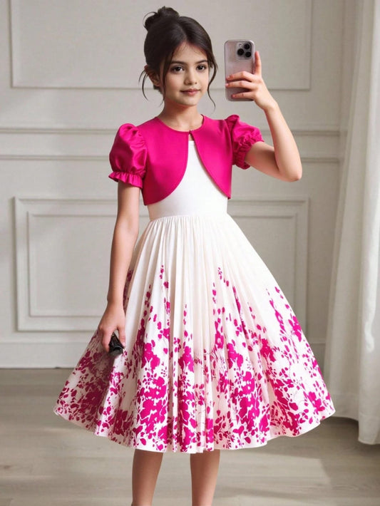Cárdigan con mangas con volantes y vestido plisado con estampado floral, elegante